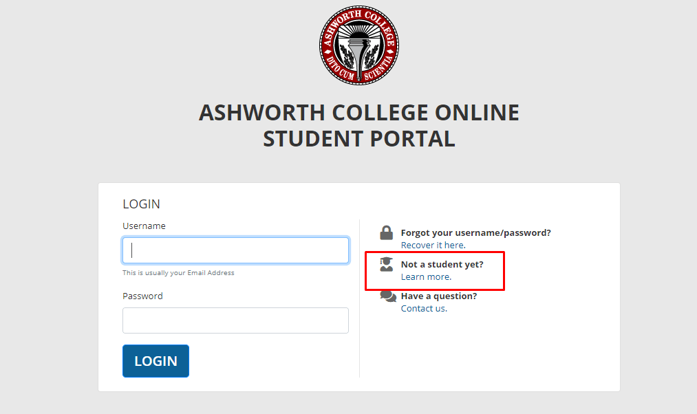 Ashworth student portal login page for new students